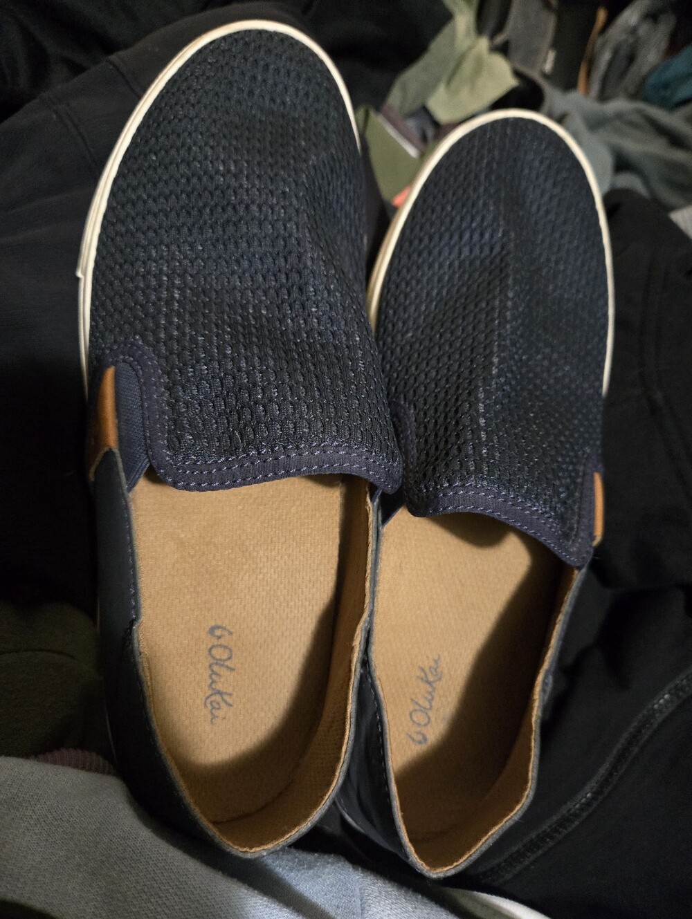OluKai Womens Navy Woven Slip-On Flats with Tan Accent